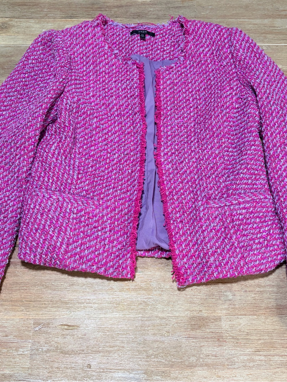 DREW Hot Pink Tweed Blazer Jacket Chanel Style Frayed Raw Hem Size XS